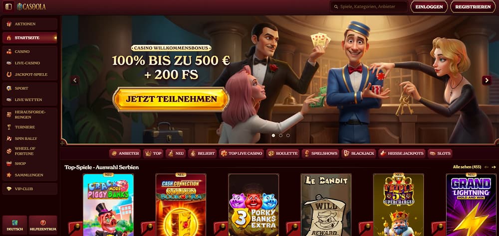 Casoola Casino-Startseite mit lebhaftem animiertem Banner und Cartoon-Charakteren im Casino, der einen 100 % Willkommensbonus bis zu 500 € plus 200 Freispiele bewirbt. Die Oberfläche bietet Navigation für Casino, Live-Casino, Jackpot-Spiele, Sportwetten, Turniere und VIP-Club sowie hervorgehobene Spiele wie Crack the Piggy Banks, Cash Connection Golden Book of Ra und Grand Lightning.